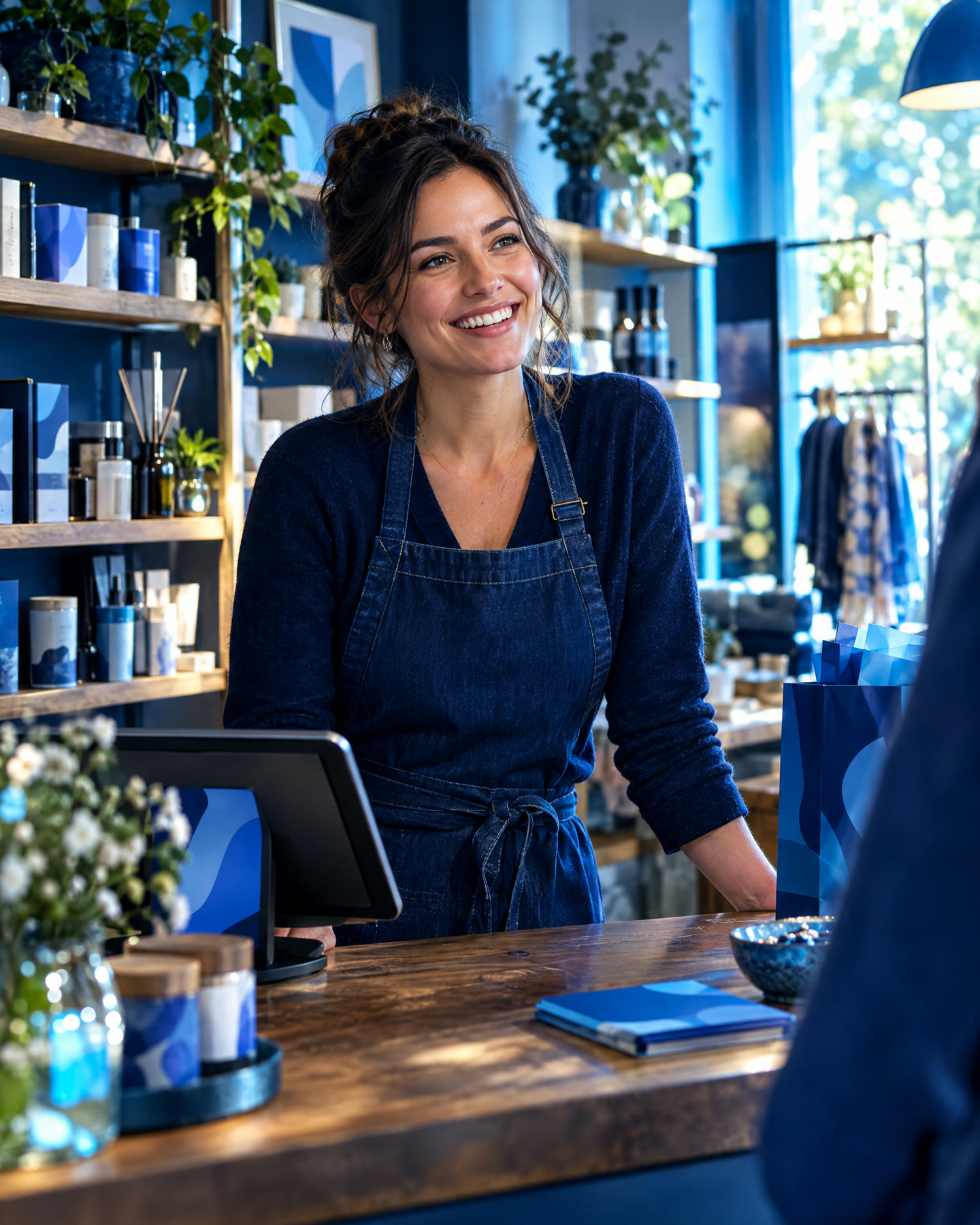 Commerçante souriante derrière le comptoir de sa boutique