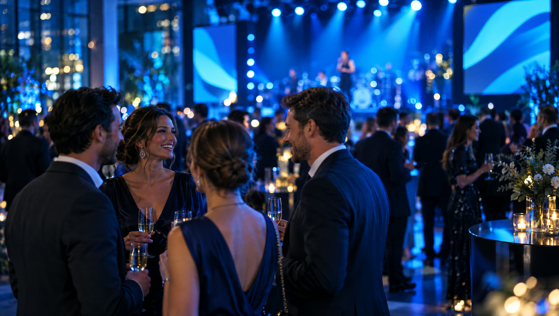 Soirée d’inauguration, invités et scène éclairée en bleu