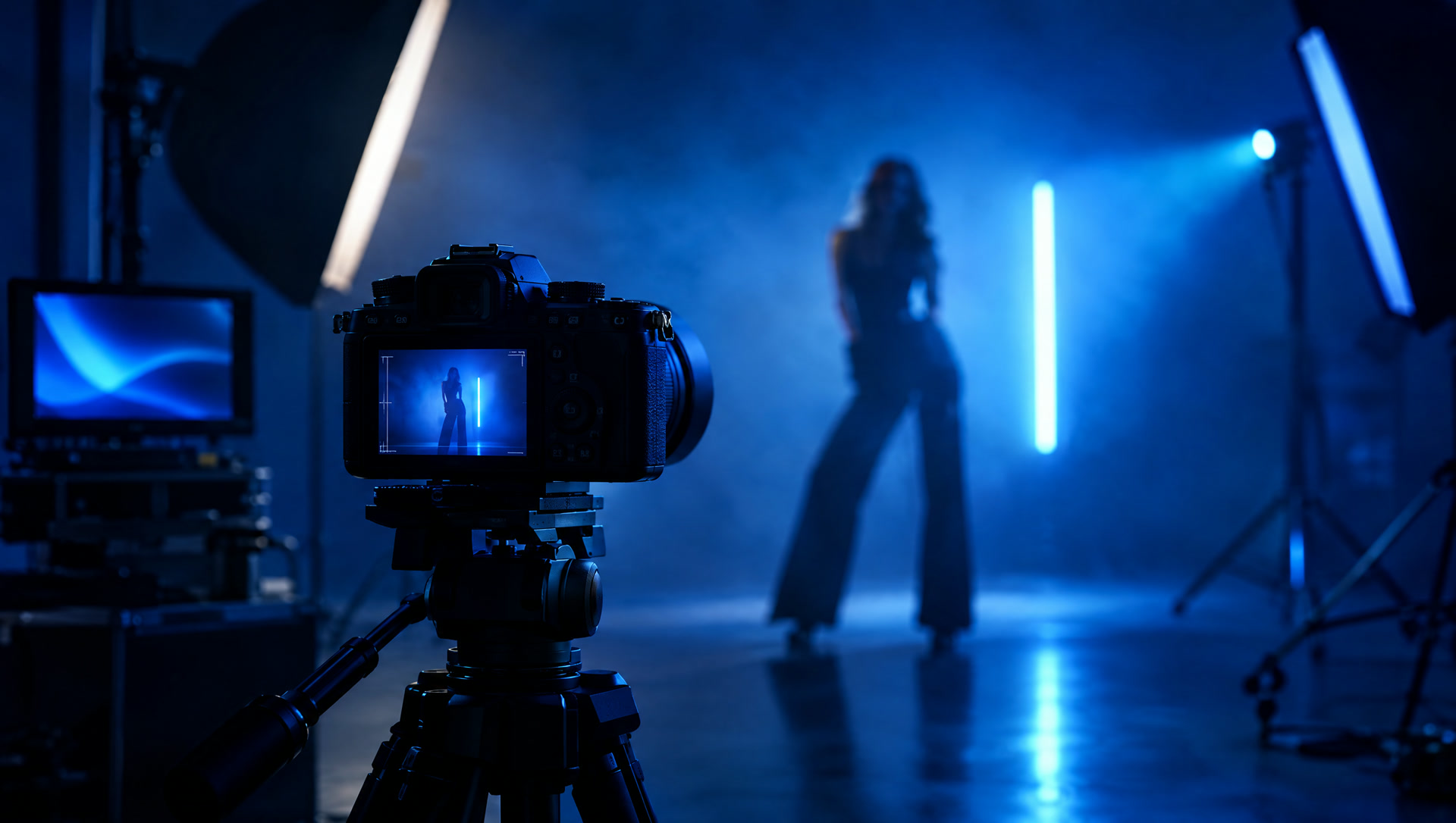 Shooting photo en studio, appareil sur trépied et lumières